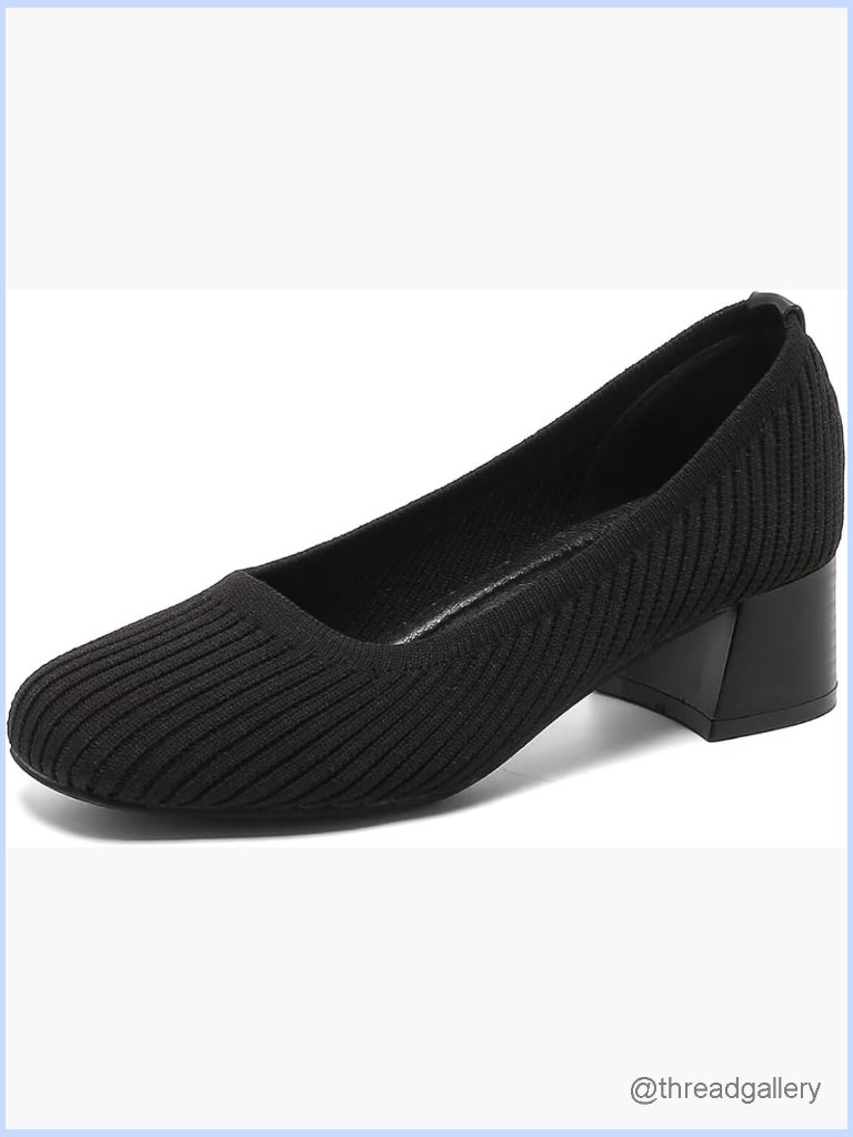 Slip-On Square Toe Knit Low Heel Pumps Chunky Comfort Shoes